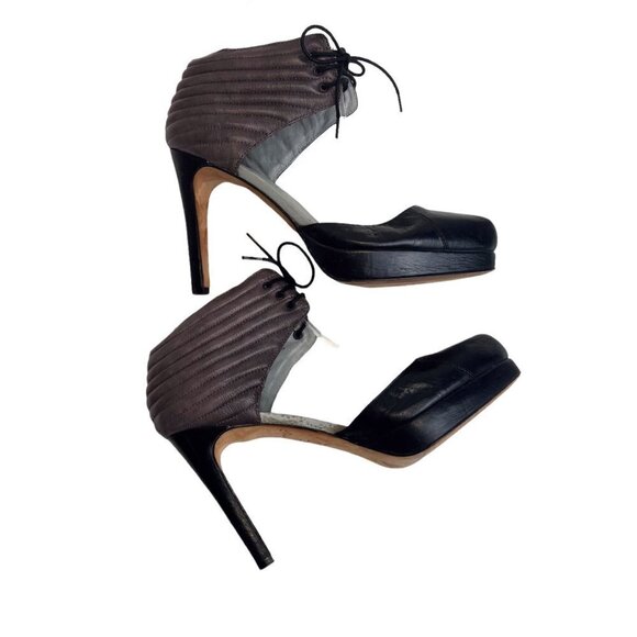 Geren Ford Tess Ankle Tie Heels Size 7.5 Ladies Black and Taupe Leather Pinup - Picture 8 of 9